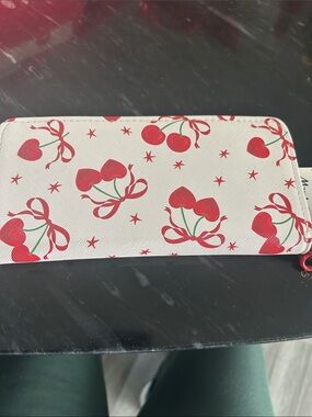 Aldo Cherry Print Zip Wallet in Cream and Red